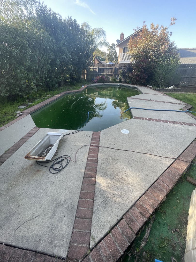 Pool with old red brick deck and green water before remodel